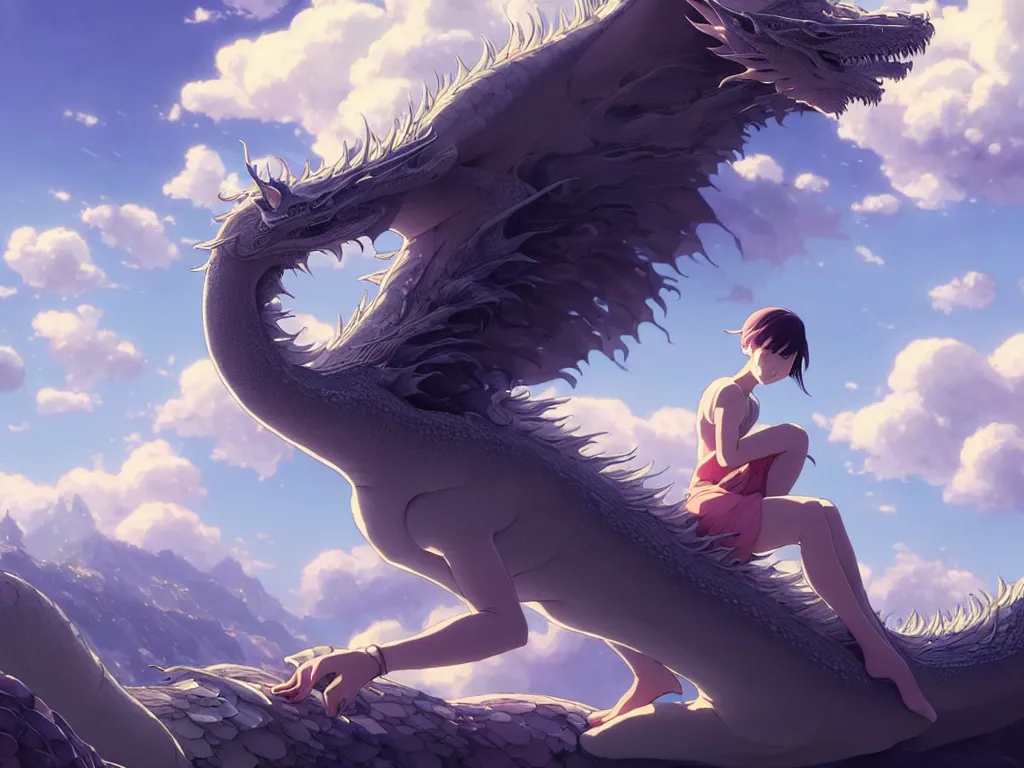 Prompt: a vast scene, panorama distant view, hyper detailed scene render of a beautiful girl sit on a huge silver dragon back, in the white clouds fairyland, animation portrait concept art, style of makoto shinkai, xision, james jean and peter mohrbacher, studio ghibli, artgerm, karol bak, beeple, 4 k hd, animation style
