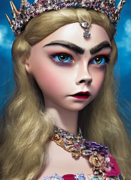 Prompt: closeup face profile portrait of tin toy cara delevingne as a fairytale princess wearing a crown eating cakes, bikini, depth of field, zeiss lens, detailed, symmetrical, centered, fashion photoshoot, by nicoletta ceccoli, mark ryden, lostfish, breathtaking, 8 k resolution, extremely detailed, beautiful, establishing shot, artistic, hyperrealistic, octane render