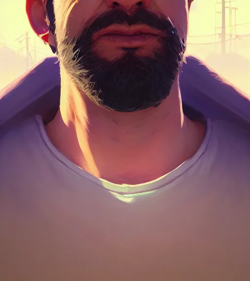 Image similar to highly detailed portrait giga chad in gta v, stephen bliss, unreal engine, fantasy art by greg rutkowski, loish, rhads, ferdinand knab, makoto shinkai and lois van baarle, ilya kuvshinov, rossdraws, tom bagshaw, global illumination, radiant light, detailed and intricate environment