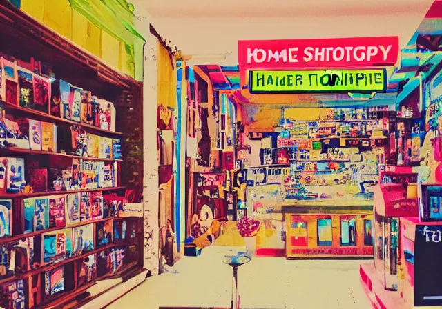 Image similar to home photography portrait, inside of the shop name SHOME, floor, signboards , poster ; summer, Color VHS picture quality with mixed noise