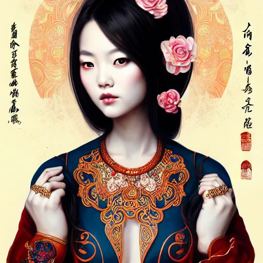 Prompt: symmetrical painting, a beautiful young chinese female in dress, pretty, perfect face, elegant, ornate, luxury, elite, matte painting, by artgrem, by james jean, by ross tran - h 6 0 0