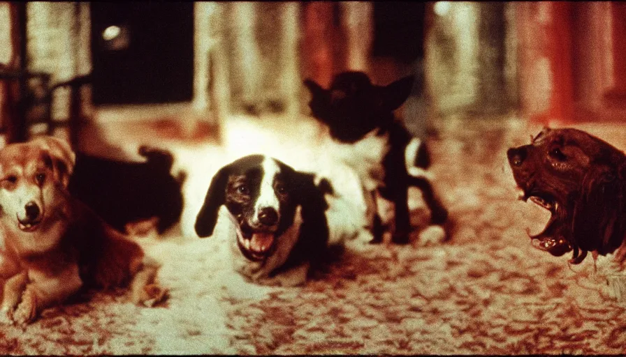 Image similar to 7 0 s film still from a horror movie starring a boy and a dog, kodachrome, cinecolor, cinestill, film grain, film texture, retro, cinematic, high resolution, photorealism,