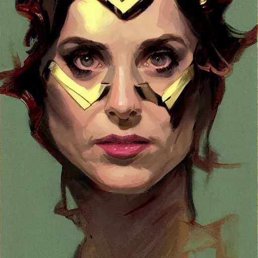 Image similar to alison brie as thanos, intricate, elegant, highly detailed, greg manchess, mucha, liepke, ruan jia, jeffrey catherine jones, ridley scott