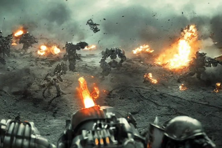 Image similar to VFX movie of futuristic cybernetic beast monsters fighting space marines lunging, war zone, battlefield, debris, fire , natural lighting by Emmanuel Lubezki