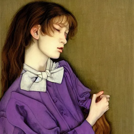 Prompt: little tomboy, purple tunic, soft hair. light color palate, detailed soft painting, ayami kojima, anatomically correct, inspired in balthus