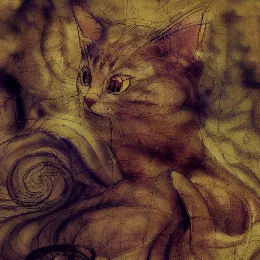 Image similar to ! dream yoshitaka amano blurred and dreamy realistic illustration of a cat, abstract patterns in the background, satoshi kon anime, noisy film grain effect, highly detailed, renaissance oil painting, weird portrait angle, blurred lost edges, three quarter view