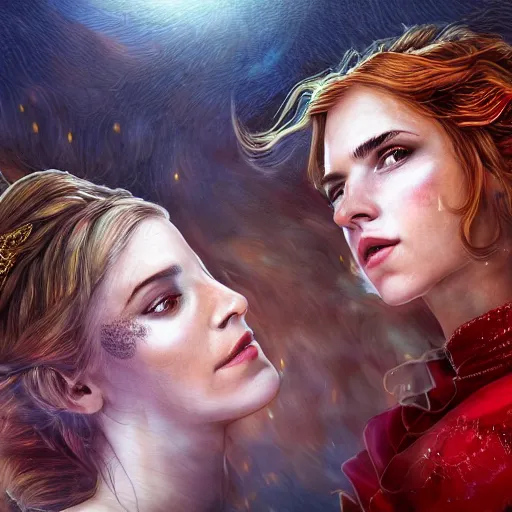 Image similar to a beautiful and detailed illustration of a lesbian wedding between emma watson as an evil pyromancer and scarlet johansson as a red mage, dark eyeliner, highly detailed, digital painting, unholy union, white church background, god rays, volumetric lighting, octane render, 4 k resolution, trending on artstation, masterpiece, in a luminist baroque style