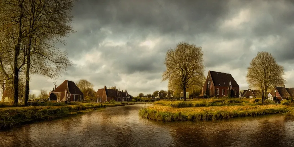 Image similar to a beautiful landscape photo of a dutch village in the Hoeksche Waard, cinematic atmosphere