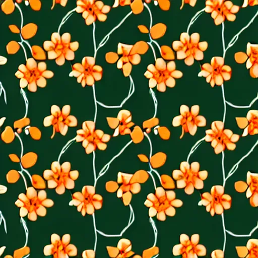 Image similar to repeating fabric pattern, minimalistic, miniature tiny orange and peach color flowers, green and brown vines and leaves, in the style of Bonnie Christine