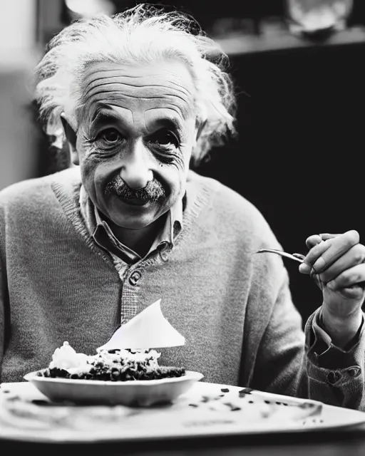 Image similar to A photo of Albert Einstein eating Samosa, highly detailed, trending on artstation, bokeh, 90mm, f/1.4