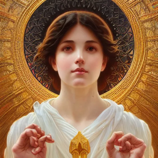 Prompt: portrait of the heavenly gates, intricate, elegant, highly detailed, digital painting, artstation, concept art, smooth, sharp focus, illustration, art by artgerm and greg rutkowski and alphonse mucha and william - adolphe bouguereau