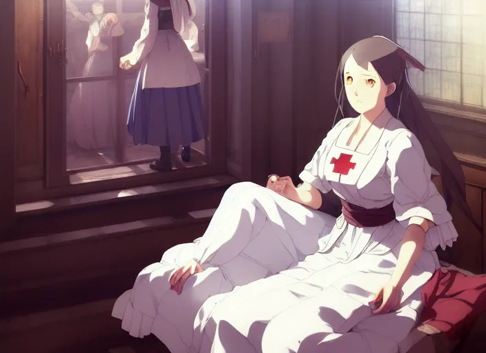 Prompt: germany 1 8 5 1, 3 1 year old florence nightingale, studying nursing at a christian school for women in germany., finely detailed perfect art, gapmoe yandere grimdark, trending on pixiv fanbox, painted by greg rutkowski makoto shinkai takashi takeuchi studio ghibli