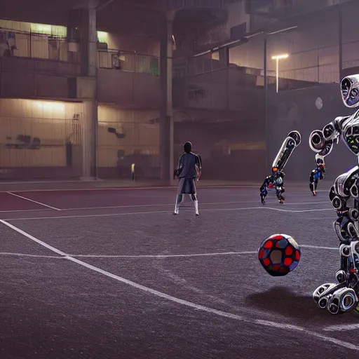 Prompt: a cyberpunk robot playing soccer in a real soccer terrain, national geographic photography, 3 d, make it look like it was made by dall - e 2
