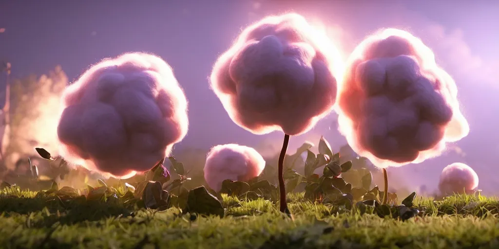 Image similar to explosion in the form of cotton plant, 3 d octane remder, epic lighting, 8 k, by goro fujita