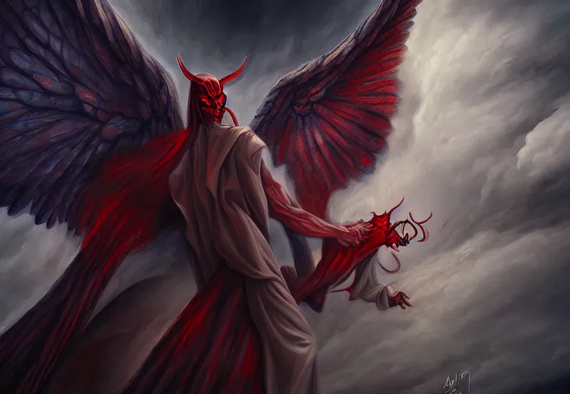 Image similar to demon afraid of an angel painting, good vs evil, highly detailed, digital painting, smooth, beautiful angle, weak demon, sharp focus, illstration, ultra realistic, dmon vs angle, heaven vs hell, 8 k, strong and powerful angle, confident angle