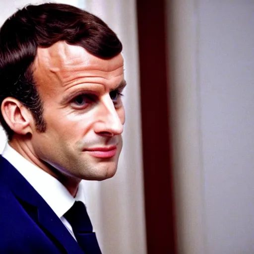 Prompt: Emmanuel Macron wearing snickers in American Psycho (1999)