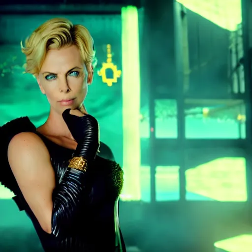 Image similar to cinematic scene with charlize theron as jolyne from jojo's bizarre adventure, live action film, stone ocean, dramatic, small details, volumetric lighting, still frame