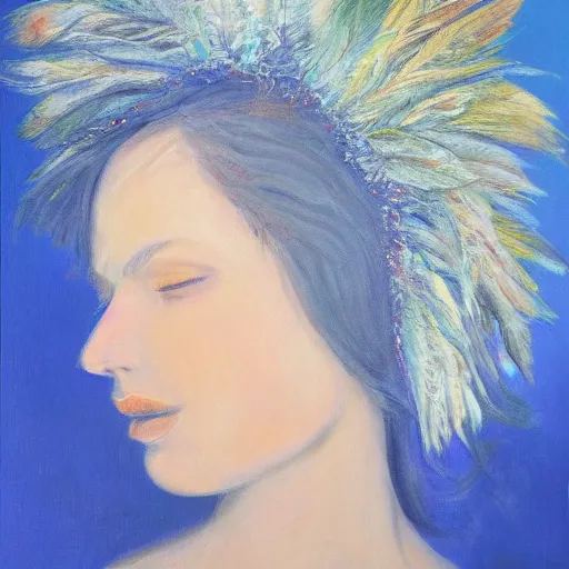 Image similar to a head covered in feathers, oil on canvas