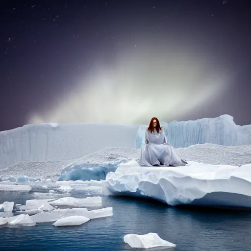 Prompt: A white female ghost sitting on a small iceberg, magically horrifying night sky, high quality photograph