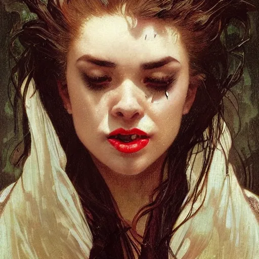 Prompt: portrait of a menacing beautiful vampire, face only, eyes half closed, crying many tears, cracked and broken face, lots of cracks on face, closed lips, closed mouth by Stanley Artgerm Lau , greg rutkowski, thomas kindkade, alphonse mucha, loish, norman rockwell, J. C. Leyendecker. hair waving in the wind, pale skin, sinister complexion, thorn crown, imagine bordered by thorns. D&D, fantasy. Trending on artstation rule of thirds extremely detailed illustration hd 4k