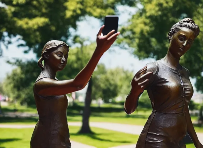 Image similar to photo still of a bronze statue of a woman using an iphone to take a selfie in a park on a bright sunny day, 8 k 8 5 mm f 1 6