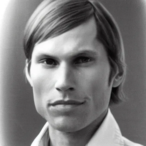 Image similar to A photograph portrait of Jerma985 with short-medium length hair a combover wearing early 1970s menswear in the early 1970s, taken in the early 1970s, grainy, taken on a 1970s Polaroid Camera, realistic, hyperrealistic, very realistic, highly detailed, very detailed, extremely detailed, detailed, digital art, trending on artstation, colorized photo