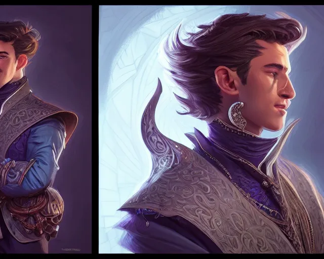 Prompt: a mind - blowing portrait of a young shadow mage male, wearing a vest with diamond pattern, joyful, d & d, fantasy, intricate, elegant, highly detailed, digital painting, artstation, concept art, matte, sharp, illustration, hearthstone, art by artgerm and greg rutkowski and alphonse mucha