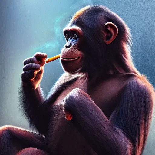 Image similar to a chimp wearing a suit smoking a cigar, dramatic lighting, cinematic, establishing shot, extremly high detail, photorealistic, cinematic lighting, artstation, style by James Gurney