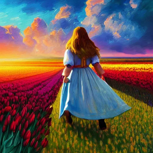 Image similar to dutch girl with singular giant tulip as a head, surreal photography, flower field, sunset dramatic light, impressionist painting, colorful clouds, blue sky, digital painting, artstation, simon stalenhag