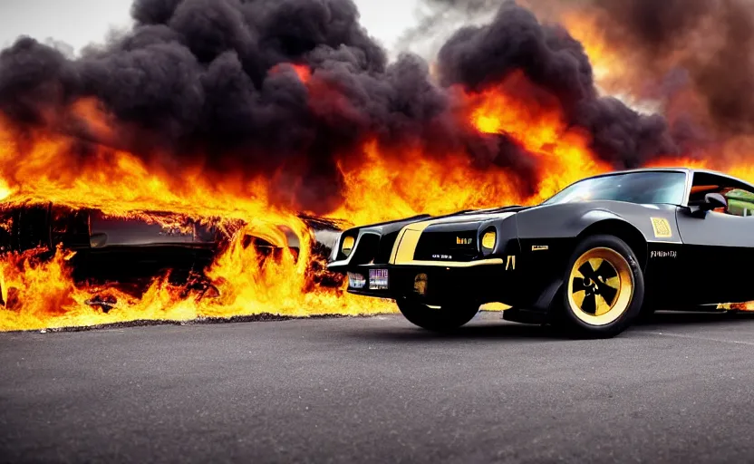 Prompt: a black and gold 1 9 7 3 pontiac firebird trans am sd - 4 5 5 driving high speed, fire explosion in the background, action scen. realistic. high resolution. dramatic