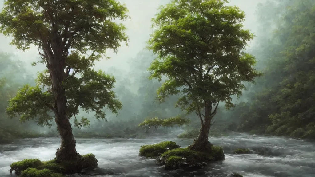 Image similar to very realistic oil painting of a single cloud tree with lots of cloud shaped leaves, A beautiful, highly detailed, masterpiece, next to a small crystal clear river, oil painting by Greg Rutkowski.