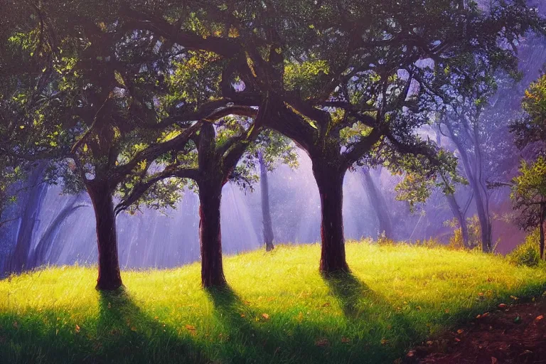 Prompt: masterpiece painting of oak trees on a hillside overlooking a creek, dramatic lighting, by alena aenami