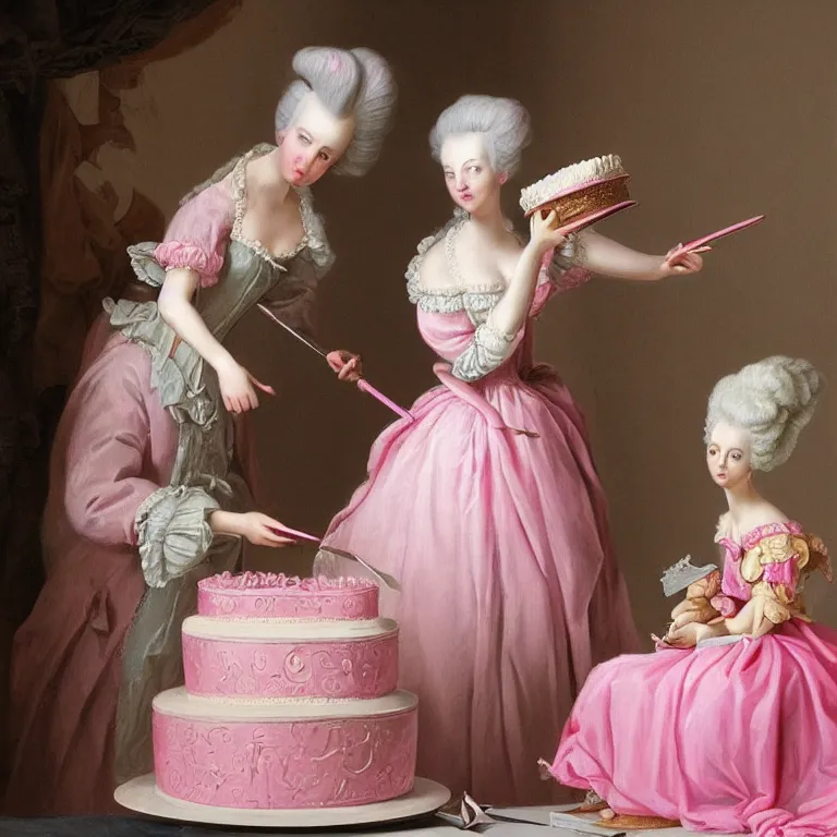 Prompt: Marie Antoinette cutting a pink cake. Baroque painting, trending on artstation, 50mm