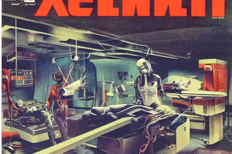 Prompt: 1979 OMNI Magazine Cover depicting a cyberware surgery operating room in a garage Cyberpunk Akira style by Vincent Di Fate