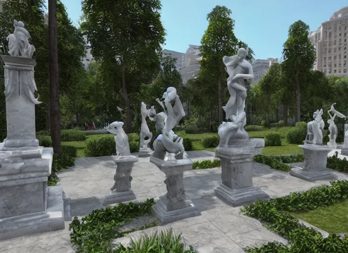 Image similar to a park with many marble statues, unreal engine,