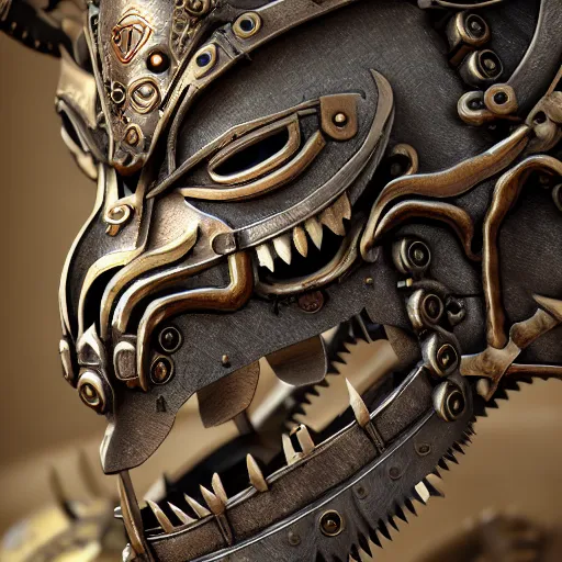 Image similar to steampunk ornate wolf mask made of engraved full plate armor and gears, Macro shot by Justin Gerard, unreal engine, physically based rendering