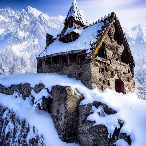 Image similar to old abandoned dwarven keep nestled high up in the snow covered mountains. picturesque scenery. running water. landscape photography. fantasy. trending on art station.