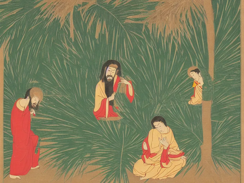Image similar to Jesus and Buddha are taking cover from the rain under a giant palm leaf. Japanese Zen painting