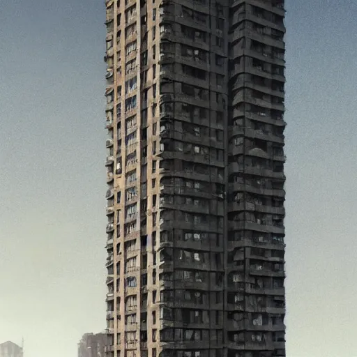 Image similar to illustration of a tall apartment building in a city made of concrete, dramatic lighting, illustration by Greg rutkowski, Shaun Tan art, yoji shinkawa, 4k, digital art, concept art, trending on artstation