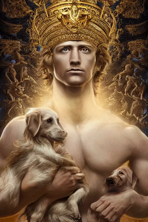 Image similar to a dog as god with a radiant halo, detailed face, gorgeous, amazing, flowing hair, very muscular male body, partial anatomy, stormy and grand war scene, delicate and intricate borders for decoration, caesar victorious, proud Emperor, crepuscular ray, intricate, highly detailed, 8K, digital painting, fantasy, artstation, concept art, sharp focus, over-shoulder shot, illustration, art by greg rutkowski beeple and alphonse mucha