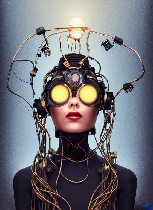 Prompt: symmetrical oil painting of a beautiful cyborg girl with hair made out of cords and wires, wearing steampunk headdress, sci - fi, vr headset, retro futurism, intricate details, filigree, jewellery, gold,, cinematic light, octane render, cinema 4 d, 8 k