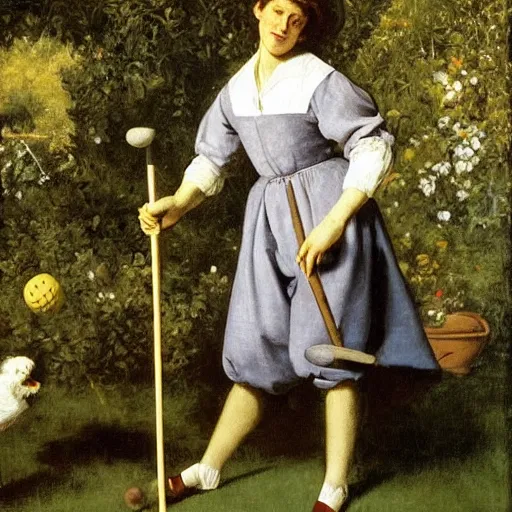 Image similar to jerry seinfeld playing croquet in the garden, happy expression, smiling, holding a croquet mallet, rule of thirds, golden ratio, oil on canvas, highly detailed, warm color scheme, soft lighting, sharp focus, adelaide labille - guiard, artemisia gentileschi