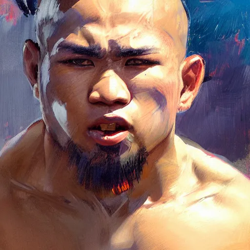 Prompt: greg manchess portrait of a filipino mma fighter looking shocked as he drops his sword, profile picture, organic painting, sunny day, matte painting, bold shapes, hard edges, street art, trending on artstation, by huang guangjian, gil elvgren, ruan jia, randy vargas, greg rutkowski