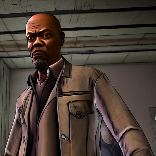 Prompt: samuel l. jackson walking dead telltale, jules, telltale games style, symmetric!!, 4 k full hd,