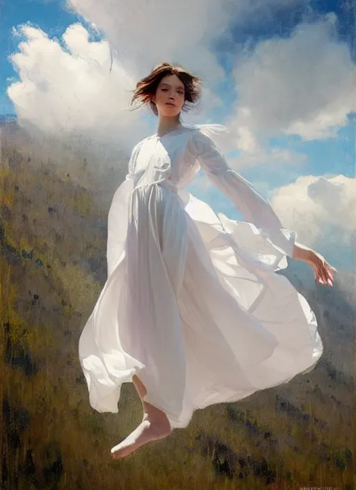 Prompt: portrait of girl dressed in white clothes , fantasy character portrait, dynamic pose, above view, sunny day, thunder clouds in the sky, artwork by Jeremy Lipkin and Giuseppe Dangelico Pino and Michael Garmash and rob rey, levitation, very coherent symmetrical artwork, perfect face, simple form