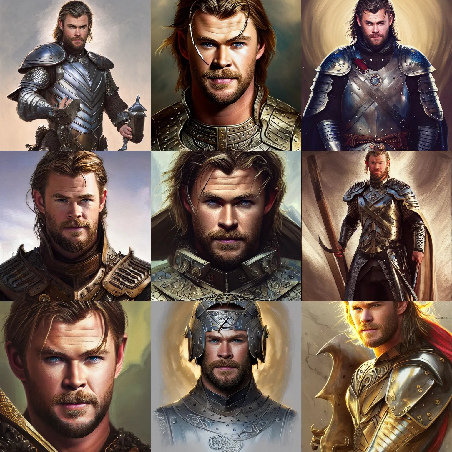 Prompt: portrait of chris hemsworth wearing medieval armor, D&D, fantasy, elegant, intricate, headshot, highly detailed, digital painting, artstation, concept art, sharp focus, illustration, art by artgerm and greg rutkowski and alphonse mucha