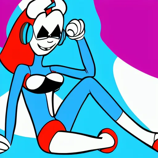 Image similar to low angle photo of jenny wakeman sitting down in a relaxed pose with her legs crossed, from my life as a teenage robot, nickelodeon, xj 9, disney, 4 k, highly detailed