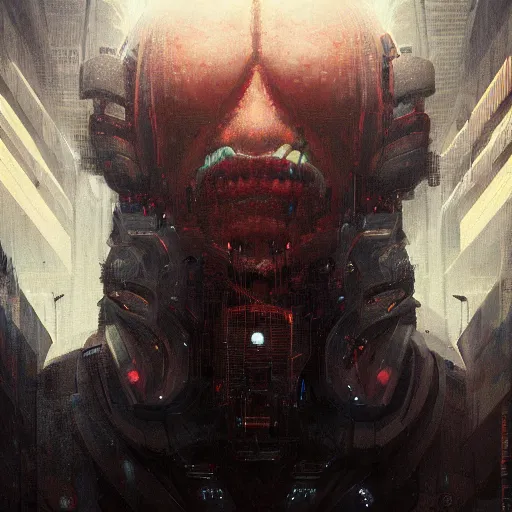 Prompt: portrait of a horrific cyberpunk monster, concept by greg rutkowski, highly detailed, sci-fi, sharp focus,