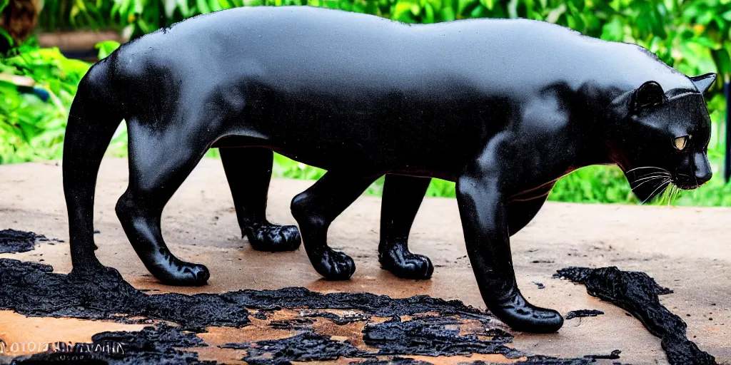 Image similar to the smooth black jaguar, made of smooth black goo, bating in tar in the zoo exhibit, viscous, sticky, full of tar, covered with black goo. photography, dslr, reflections, black goo, zoo, exhibit