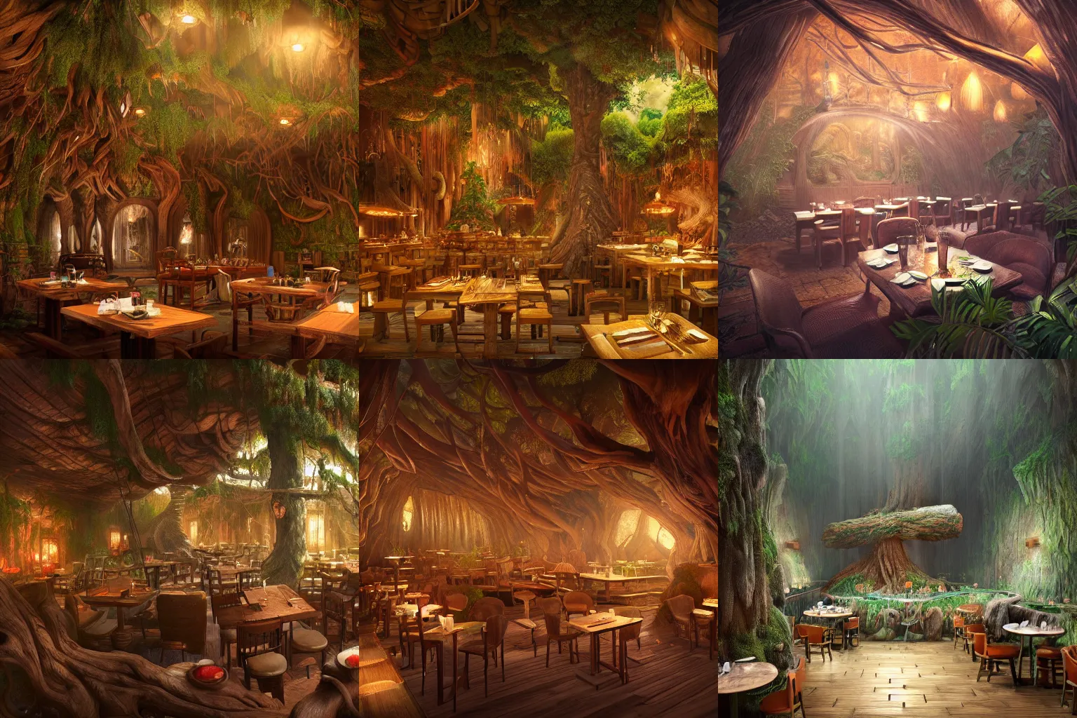 Prompt: interior of a restaurant carved out of a tree, kodak, fuji film, photoreal, 12k ursa, volumetric light, cinematic photograph concept art, intricate, artstation, studio ghibli, eddie mendoza, james chadderton